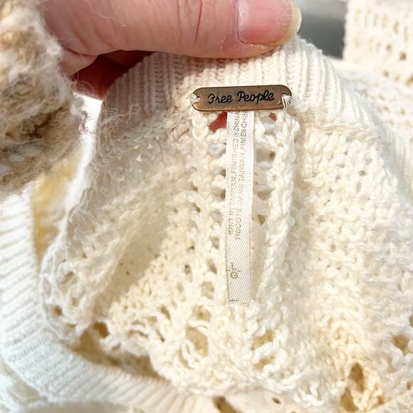 Free People Cotton Crochet Long Sleeve Crewneck Sweater Ivory Large - Picture 3 of 10